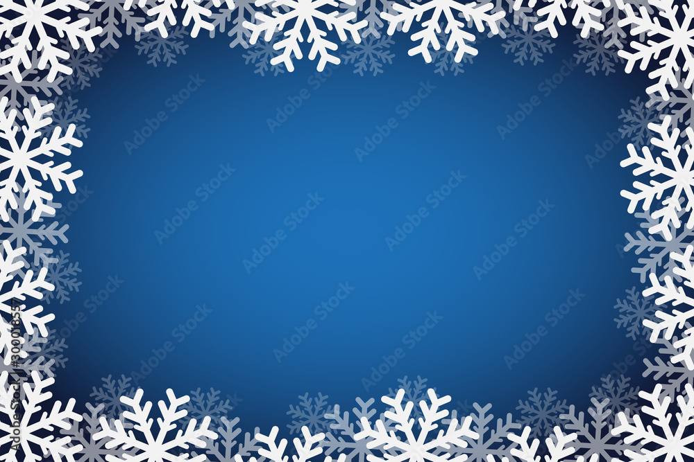 Christmas blue background and white snowflakes. Vector drawing. Texture.