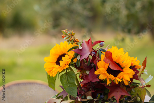 Beautiful bouquet of orange sunflowers. Autumn, Italy, Tuscany