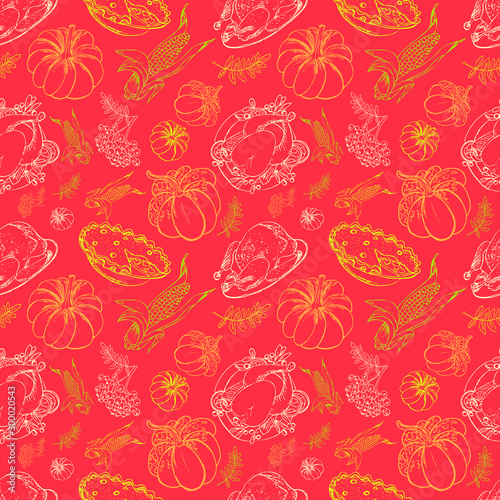 Happy Thanksgiving Day seamless pattern, hand drawn vector illustration in vintage style, for wrapping paper, wallpaper, fabric pattern, backdrop, print, gift wrap, cover of notebook, envelope