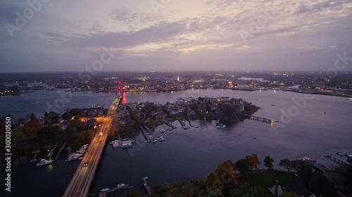 Kittery Maine Aerial v83 Traveling panoramic with detail dusk view of Badger�s Island, Memorial Bridge with Naval Shipyard in backdrop - October 2017 photo