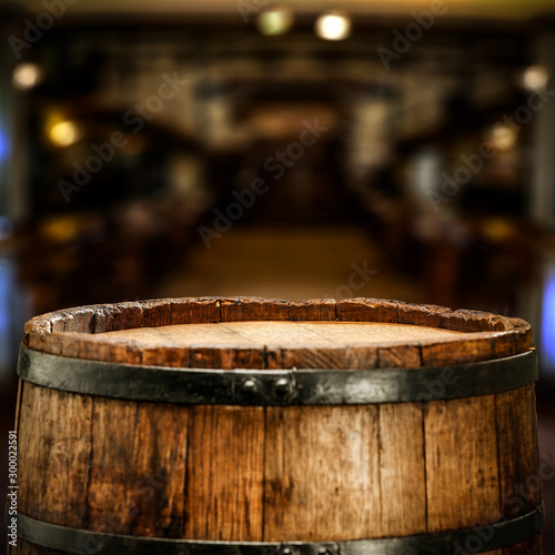 Wooden old retro barrel and free space for your christms gift. 