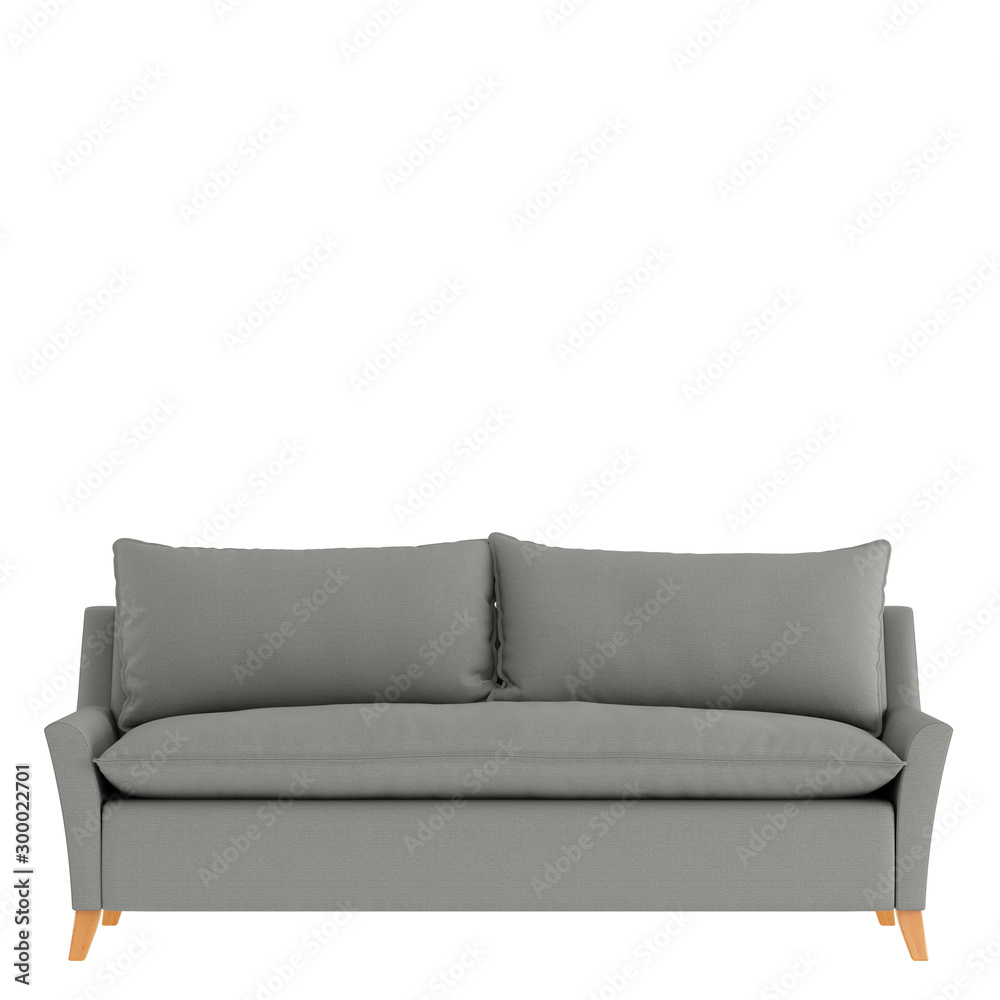 Obraz premium Gray cloth sofa front view on an isolated background. 3d rendering