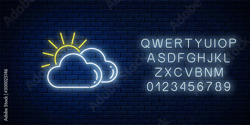 Glowing neon cloudy with sun weather icon with alphabet. Two clouds symbol with sunny in neon style to weather forecast