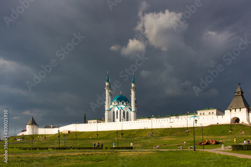 White mosque against a dramatic stormy sky, Kazan