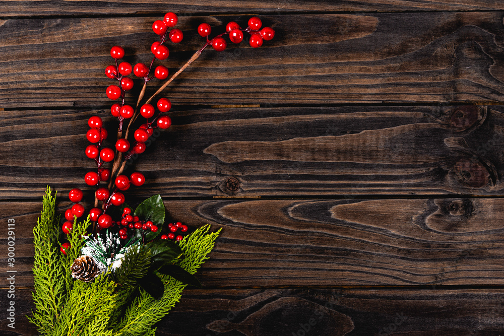 Mistletoe with pinecone detail on black wood background. Christmas concept. Mistletoe with pinecone detail on black wood background. Christmas concept.