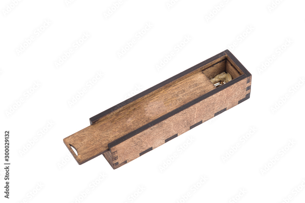 Original wooden box for handmade ballpoint pen on a white background.