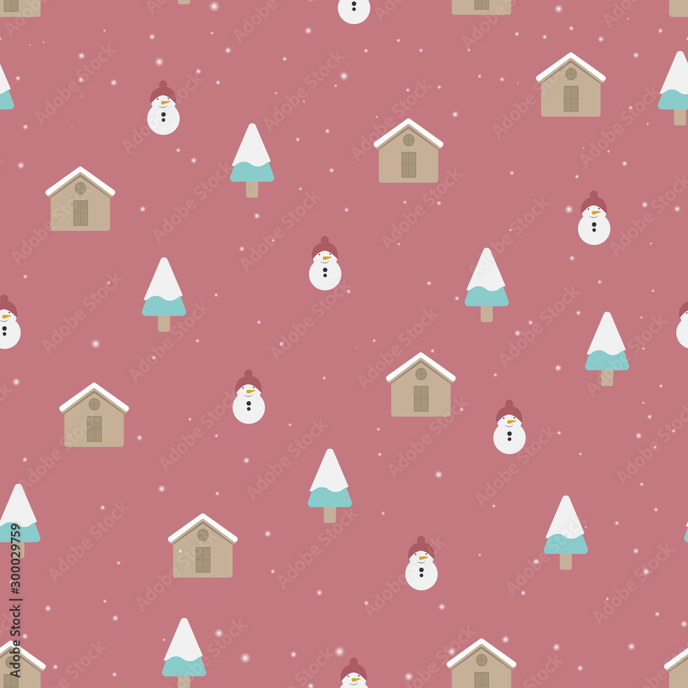 Christmas seamless pattern with snowman, fir trees and house. Perfect for wallpaper, wrapping paper.