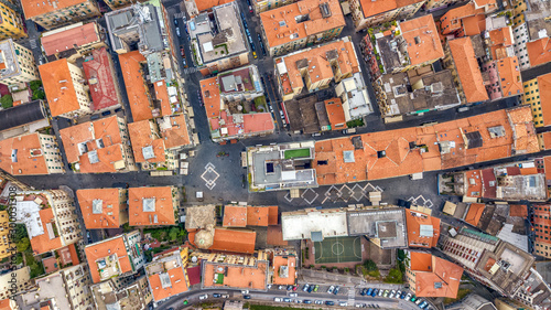 Overhead aerial view of city streets in La Spezia, Italy