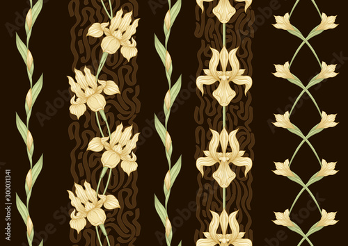 Iris flower, fleur-de-lis, flower-de-luce, flag. Seamless pattern, background. Colored vector illustration. In art nouveau style, vintage, old, retro style In yellow and chocolate brown colors.. photo