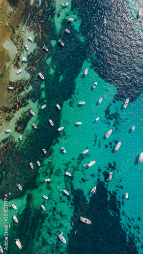 Overhead aerial drone view of yachts in mediterranean sea in summer sunny day near Nice, cote d'azur, south France photo