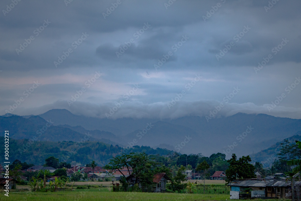 Beautiful landscape view of rice fields under the sky with mountain background