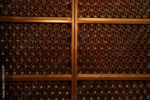 Yamanashi,Japan-November 2, 2019: Wine bottles on a rack in Wine cellar in Yamanashi, Japan
