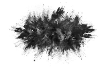 Black powder explosion white background. 