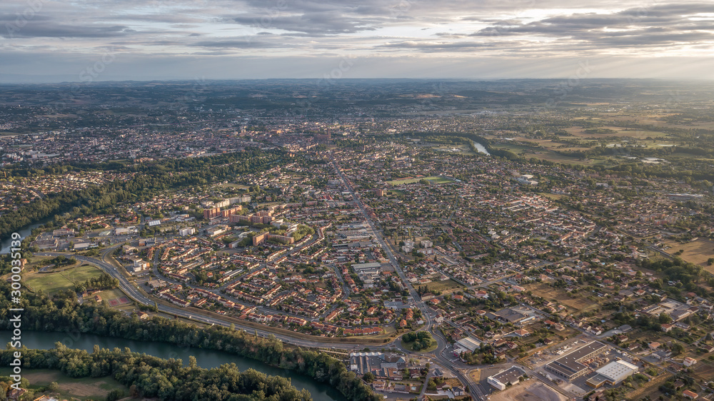 Aerial drone view of Albi city during sunset hour with dramatic clouds Aerial drone view of Albi city during sunset hour with dramatic clouds