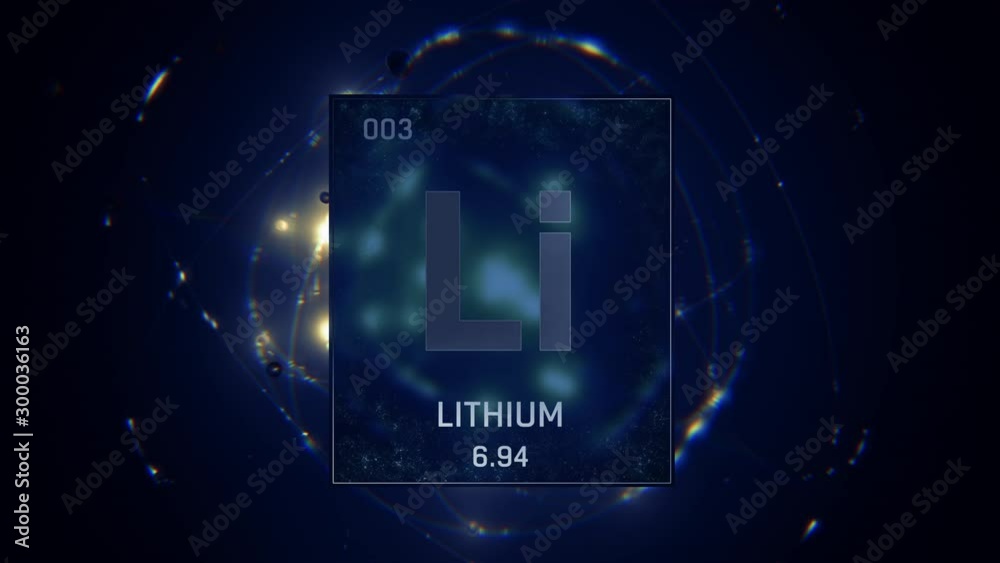 Lithium as Element 3 of the Periodic Table. Seamlessly looping 3D animation on blue illuminated atom design background with orbiting electrons. Design shows name, atomic weight and element number