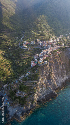 Fototapeta Naklejka Na Ścianę i Meble -  Aerial drone shot view of Corniglia in the morning in Cinque Terre, Italy