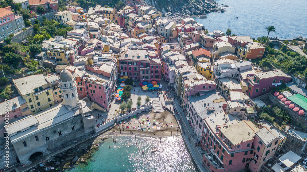 Aerial drone shot view of Vernazza port in Cinque Terre, Italy