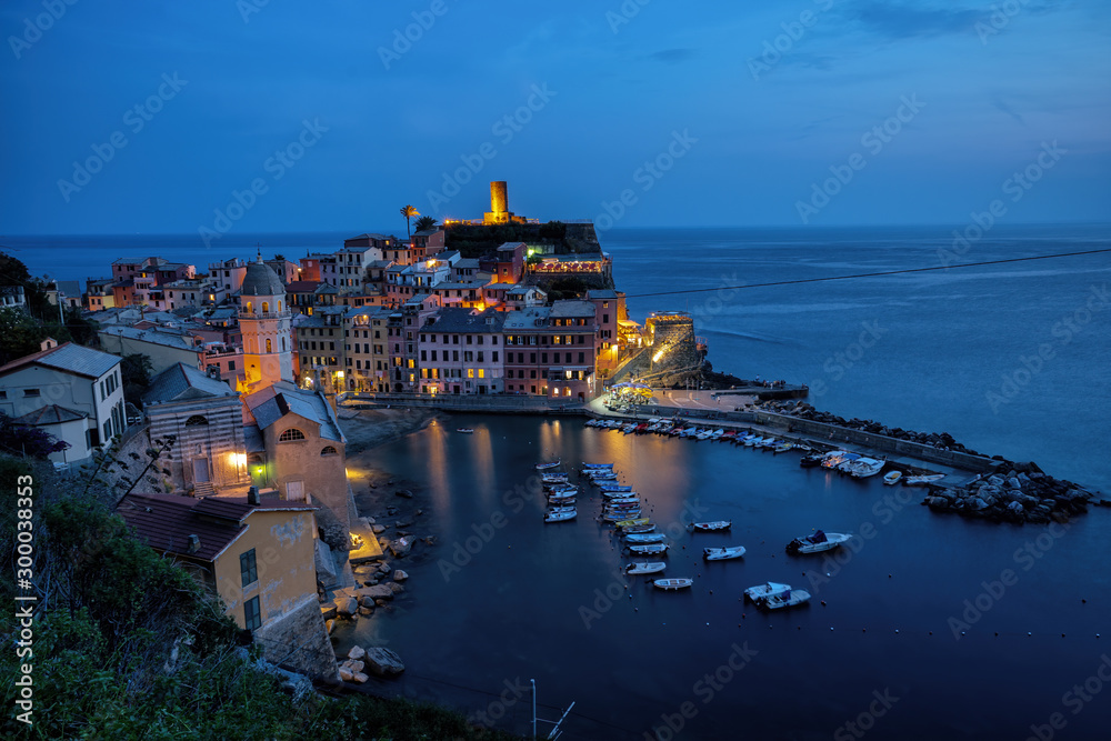Long exposure night view of Vernazza with lights on