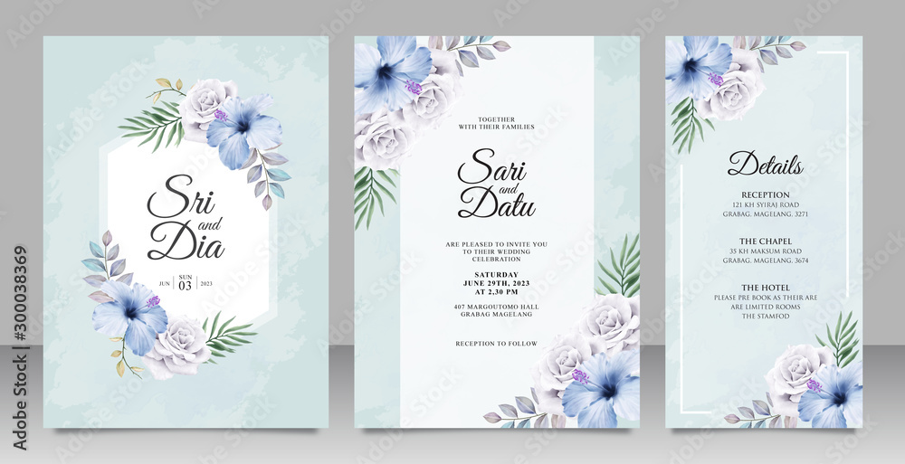 Elegant wedding invitation card set template with beautiful floral on blue background