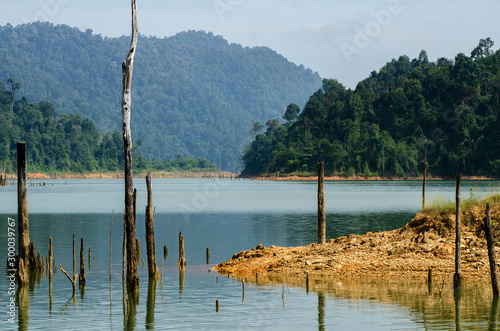 Beautiful image of rain-forest with reflection in water at Royal Belum State Park, Gerik Perak Malaysia. photo