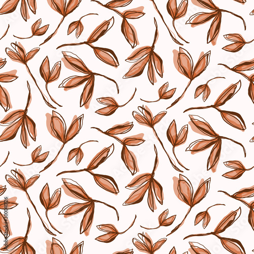 Watercolor Leaf Stem Vector Seamless Pattern. Leaves Blowing in the Wind Hand Painted White Background. Autumn Fall Mood Wildflower Illustration. Faded Variegated Dye Colors. Repeat Tile in EPS 10