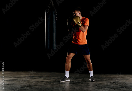 Fit professional boxing man kicking at punching bag