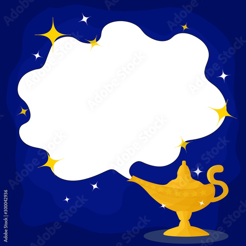 Aladdin's Magic Lamp. Vector genie magic aladdin lamp and white smoke. Alladin golden lantern with Blue background.vector