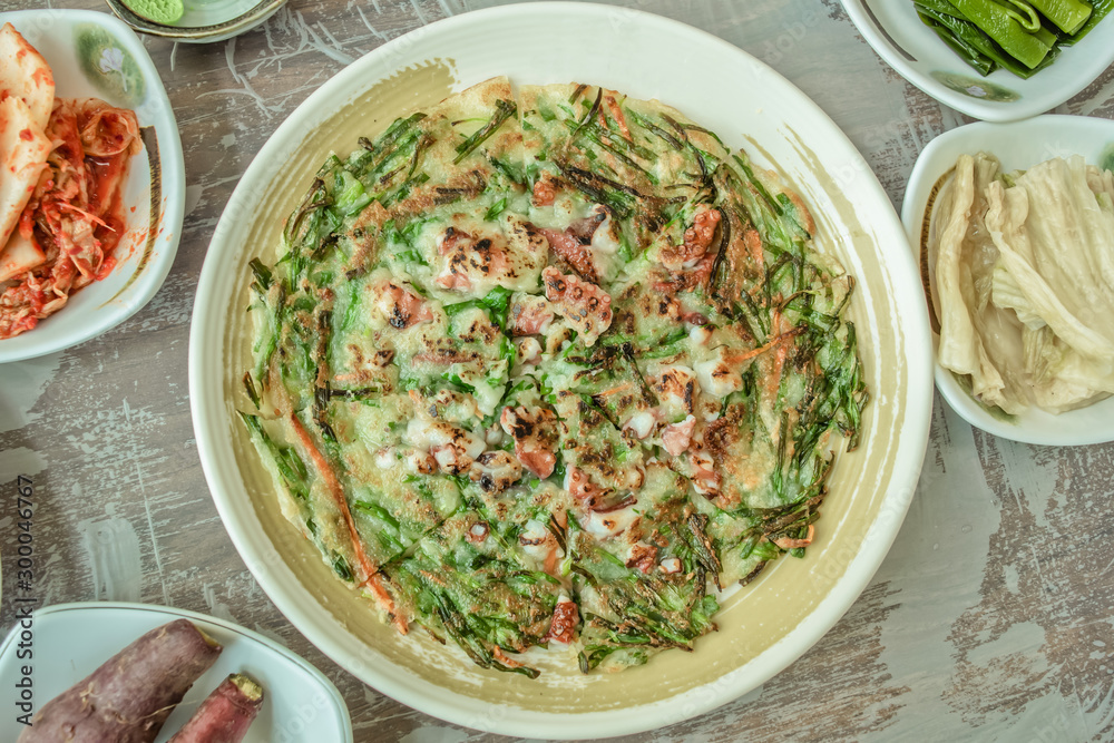 Korean traditional food: chive and seafood pancake Korean traditional food: chive and seafood pancake