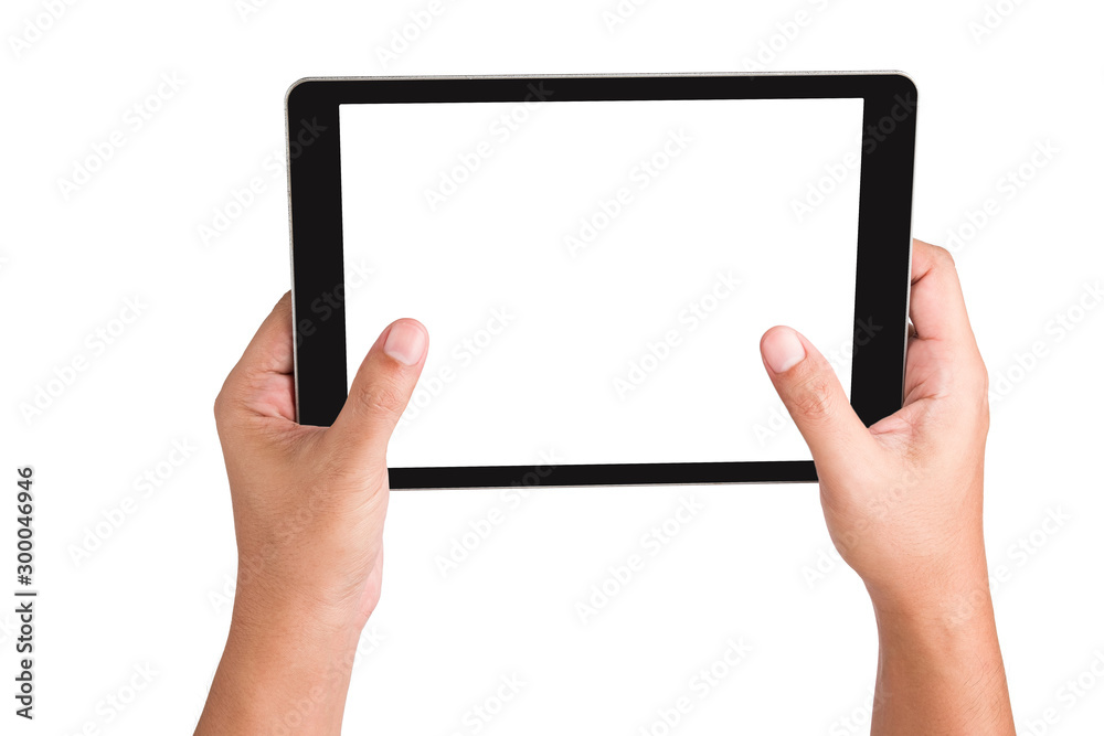Human hand holding the touch screen tablet on isolated white background with clipping path. Human hand holding the touch screen tablet on isolated white background with clipping path.