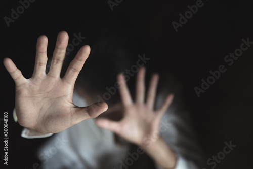 woman raised her hand for dissuade, campaign stop violence against women and rape, international women's day.