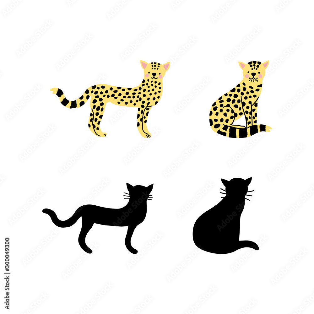 Obraz premium Baby leopard in flat style, silhouettes, vector illustration.
