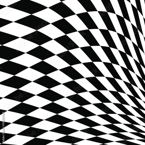 Abstract distorted checkered black and white shape. Monochrome background. Trendy pattern for web, prints, template, posters and textile design