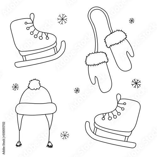 Winter season themed doodle set. Mittens, skates, hat, snowflakes. Elements for greeting cards, posters, stickers and seasonal design. Winter theme. New Year. Christmas Black and white doodle drawing