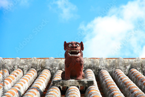 Traditional House in Okinawa with Orange Tiles and Shisa photo