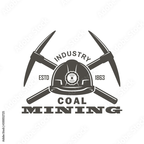 Black and white illustration of a coal mining industry. Vector illustration of pickaxe, helmet and text on a white background