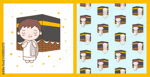 Cute Boy Praying in Kaaba. Muslim Kid Illustration with pattern