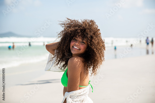 Canvas Print Black afro young cute girl, curly hair, bikini, beach