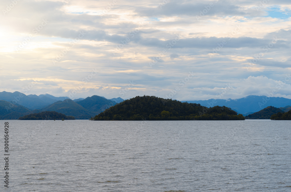 tranquility landscape outdoor nature at lake with mountain on morning vacation day.