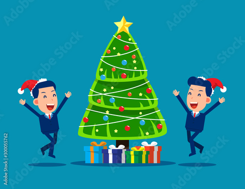 Happy business people Christmas party. Celebration christmas concept. Cute business cartoon vector illustration style