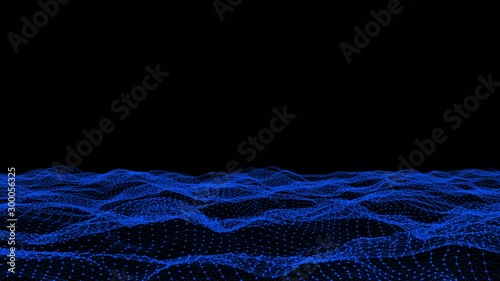 Futuristic 3D plexus blue waving terrain abstract technology background -  moving dots and lines network connection structure in black space background