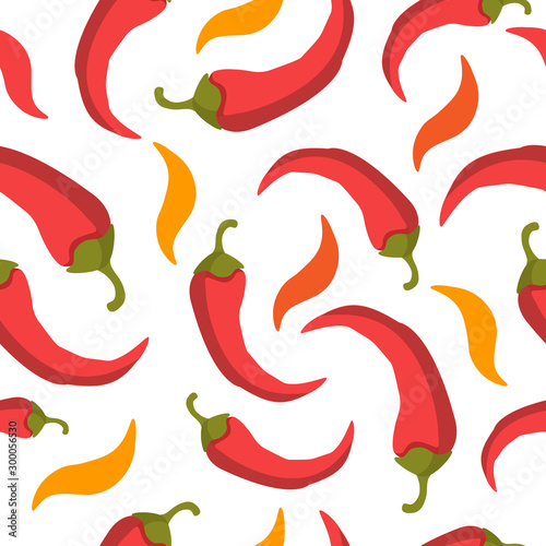 Colorful pattern with red chili peppers on a white background. For printing on eco-friendly products for vegetarians, gardeners, cooks, healthy lifestyle.