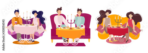 Set of illustrations of people at the table, thanksgiving or holiday. Three different pairs. Girl and girl, boy and boy, girl and boy. People get together to eat and talk.