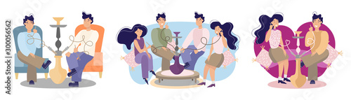 Vector set of groups of people smoking a hookah