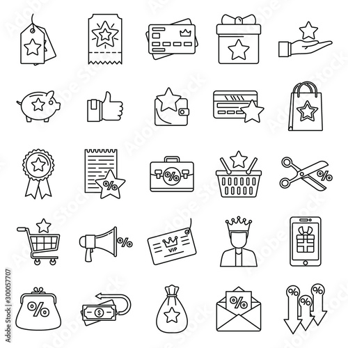 Loyalty program reward icons set. Outline set of loyalty program reward vector icons for web design isolated on white background