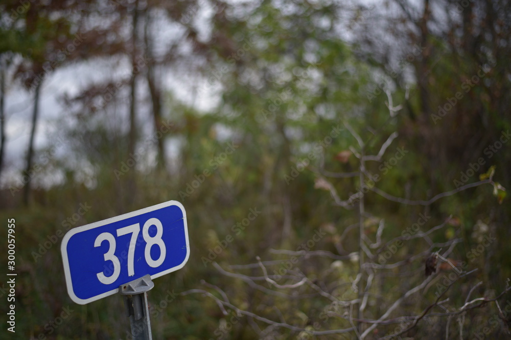 378 blue sign with white lettering and outline