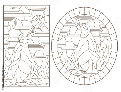 Set of outline illustrations of stained glass Windows with penguins, dark outlines on white background