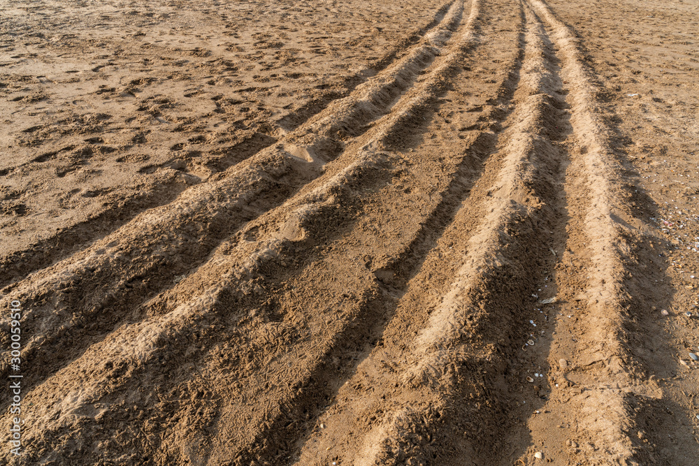 Car traces in loose sand Car traces in loose sand