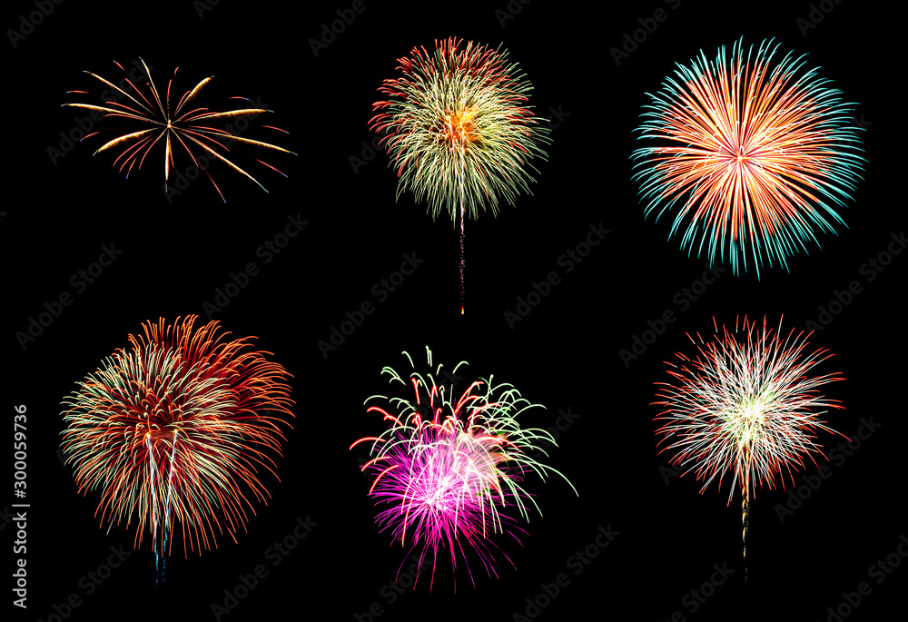 Set of variety colorful fireworks isolated on background