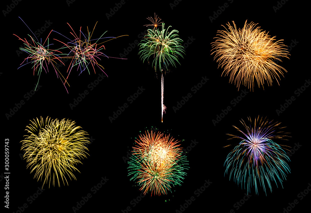 Colorful assorted six fireworks selection on a black background. New Year celebration concept