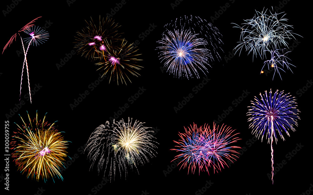 Fototapeta premium Colorful assorted fireworks isolated on a black background